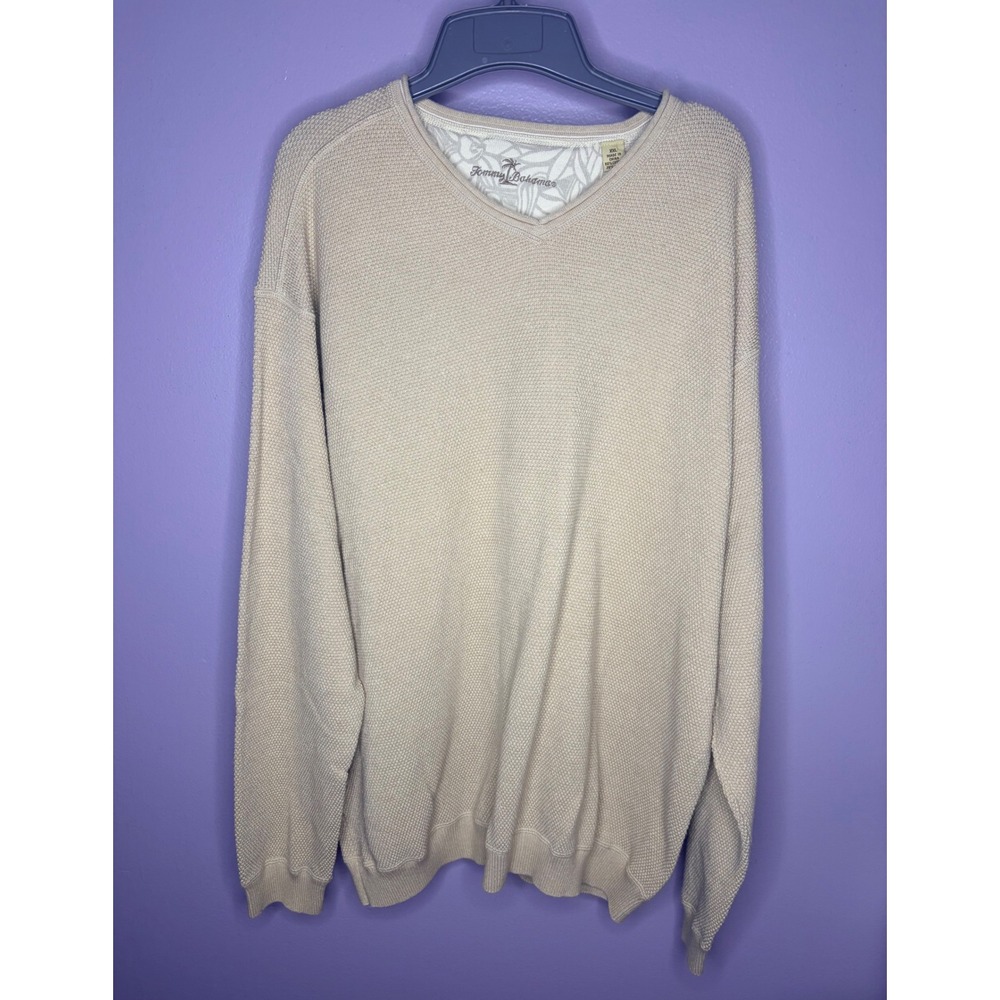 Tommy Bahama Mens XXL Beige V-Neck Waffle Knit Cotton Wool Sweater Pullover